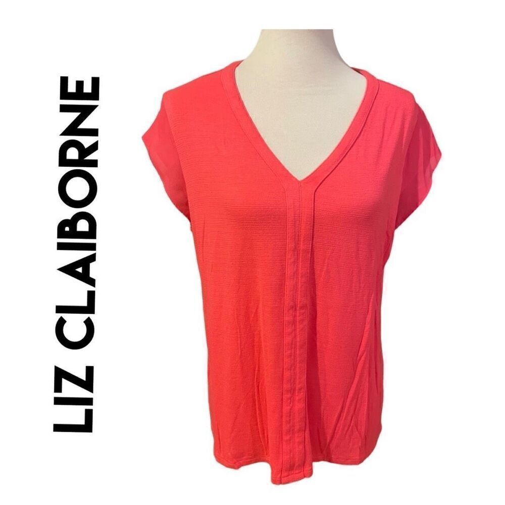 Liz Claiborne Womens Tops V Neck Semi Sheer Sleeve Coral Large